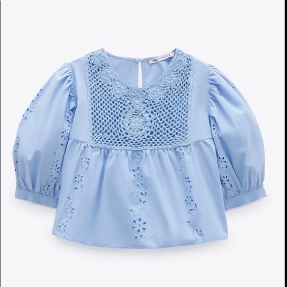 ZARA Embroidered eyelet cotton blue top